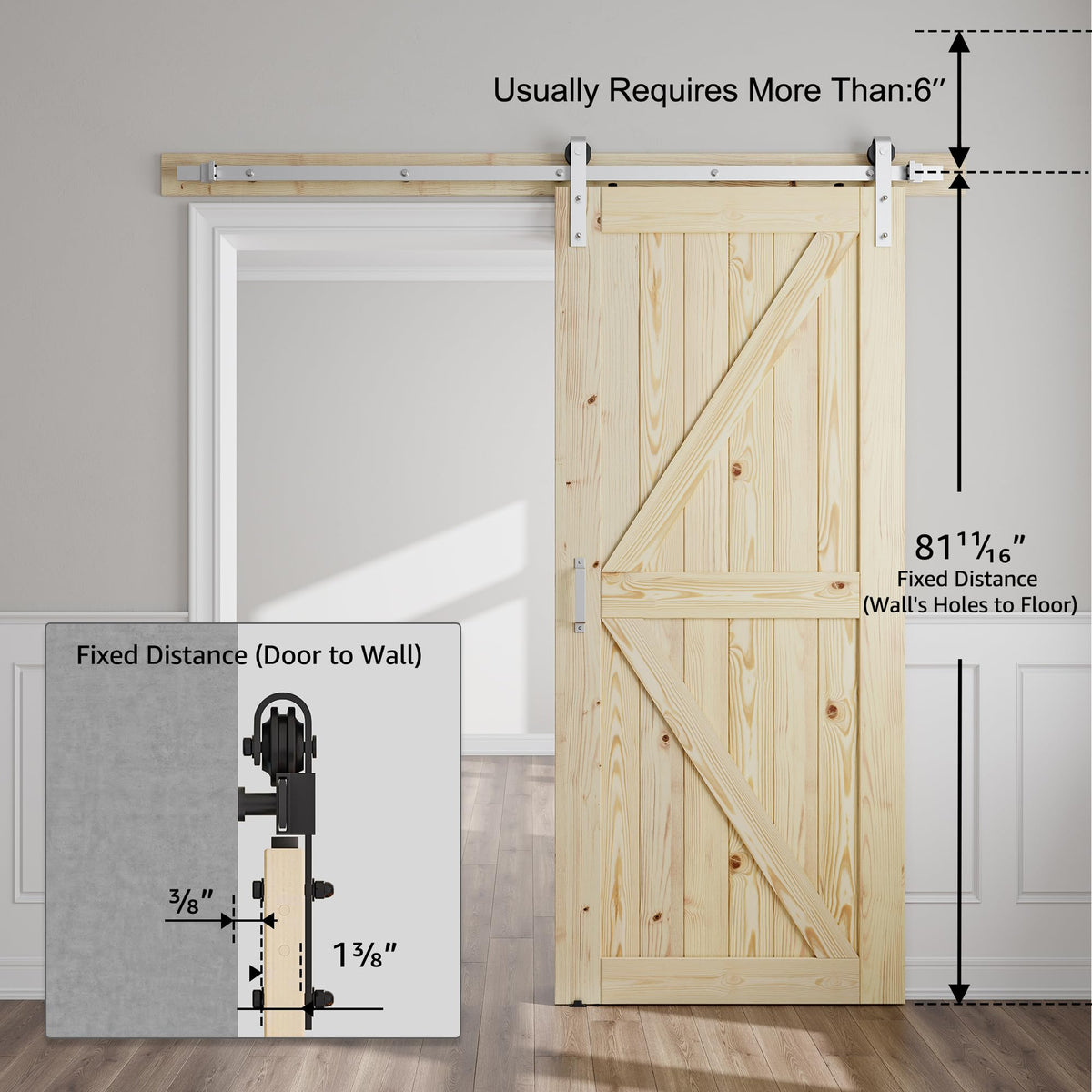 SMARTSTANDARD 36in x 80in Sliding Barn Door with Brushed Nickel Hardware 6.6FT Track Kit & Handle, Assembly is Required, DIY Unfinished Solid Spruce Wood Panelled Slab, K-Frame