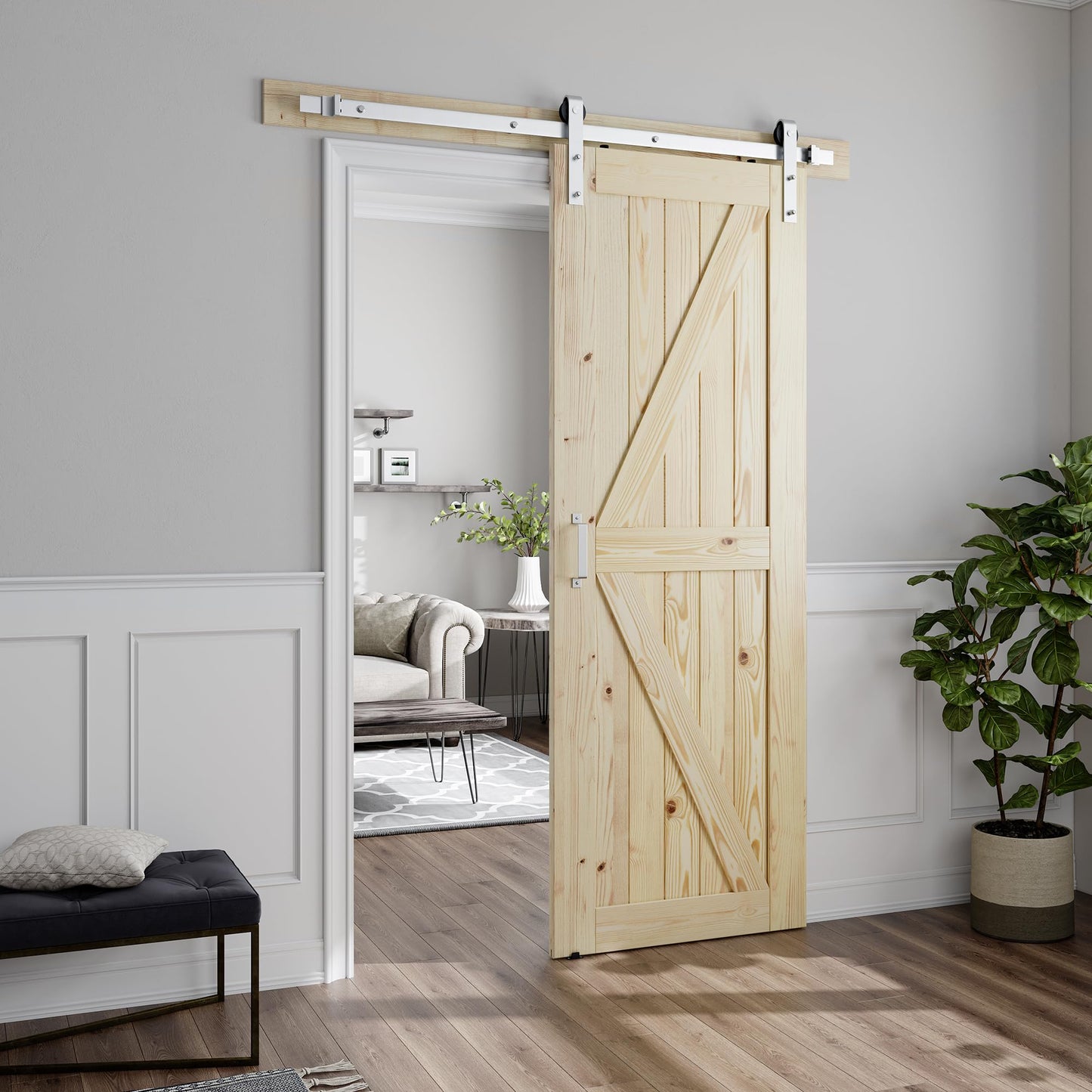 SMARTSTANDARD 30in x 80in Sliding Barn Door with Brushed Nickel Hardware | 5FT Track Kit & Handle, Assembly is Required, DIY Unfinished Solid Spruce Wood Panelled Slab, K-Frame