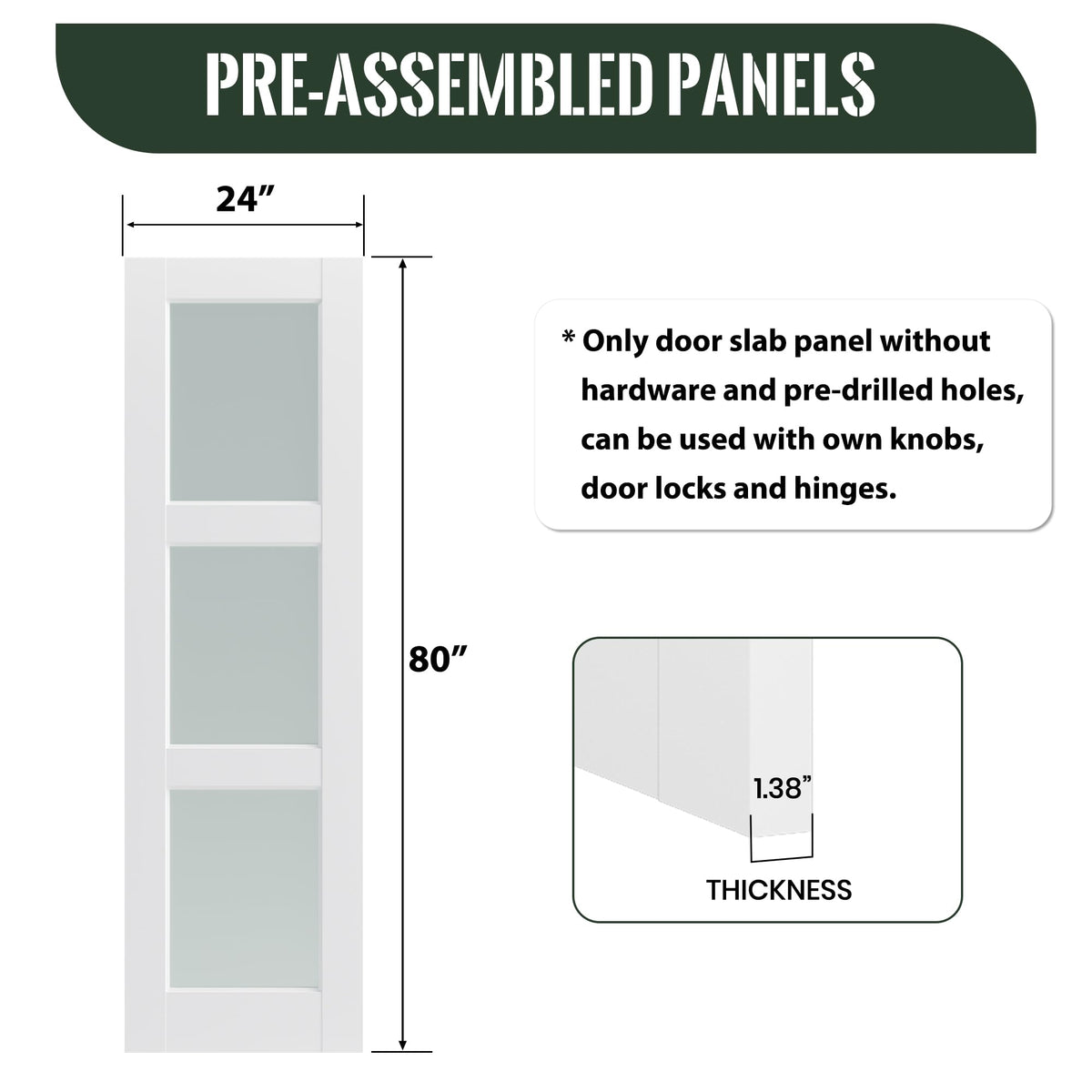 SMARTSTANDARD 24" x 80" Interior Slab Door, Frosted Glass Pantry Door