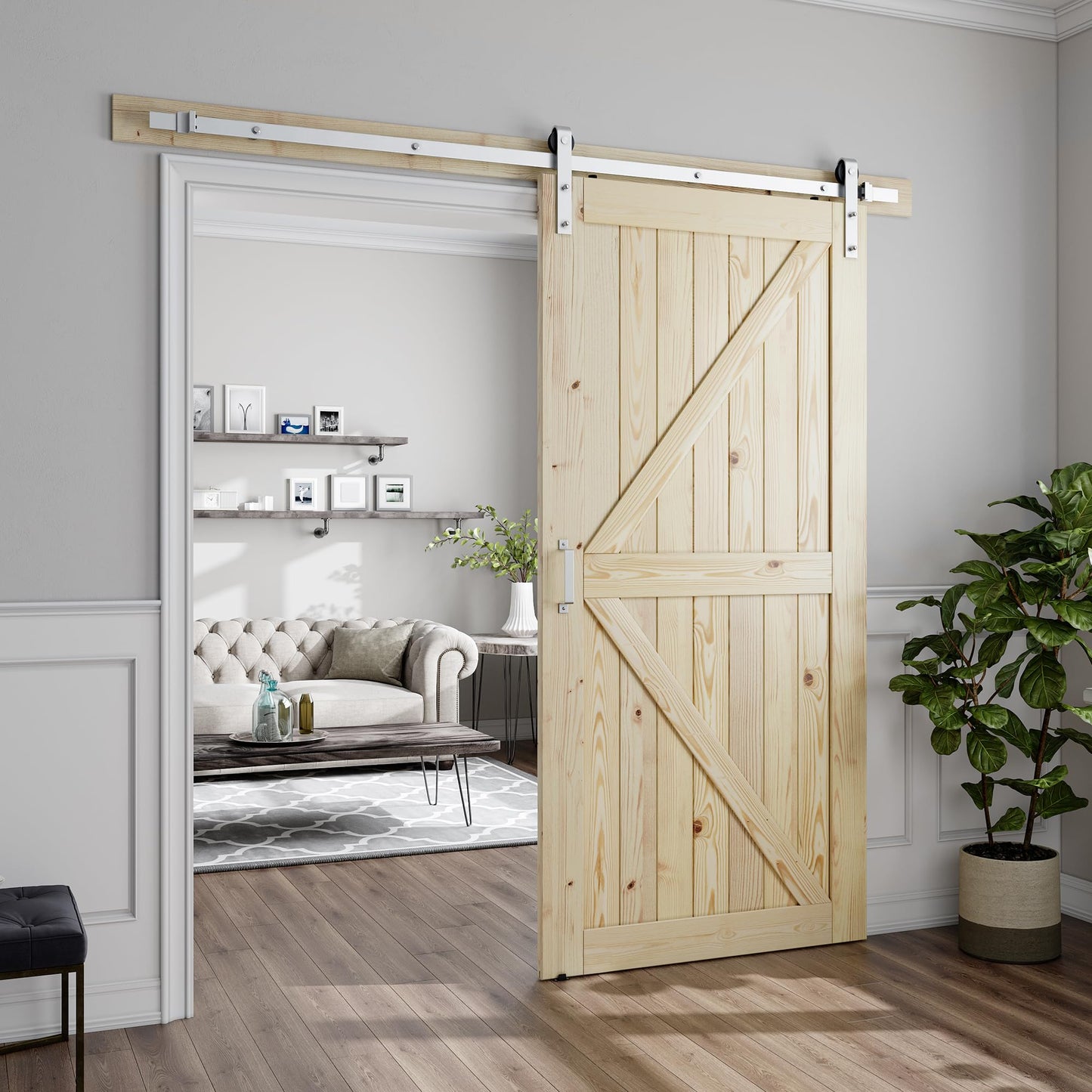 SMARTSTANDARD 42in x 80in Sliding Barn Door with Brushed Nickel Hardware | 7FT Track Kit & Handle, Assembly is Required, DIY Unfinished Solid Spruce Wood Panelled Slab, K-Frame