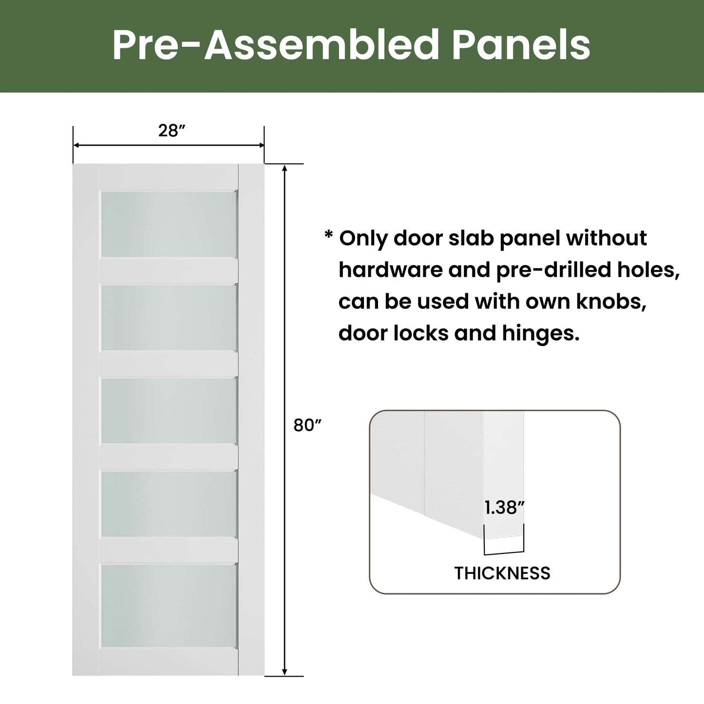SMARTSTANDARD 28" x 80" Frosted Glass Pantry Door, Solid Core Slab Door