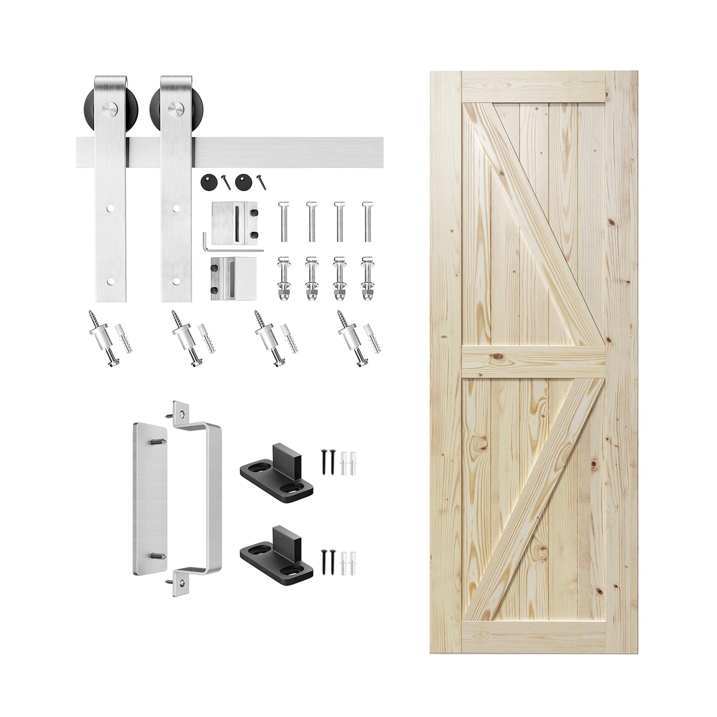 SMARTSTANDARD 30in x 84in Sliding Barn Door with Brushed Nickel Hardware | 5FT Track Kit & Handle, Assembly is Required, DIY Unfinished Solid Spruce Wood Panelled Slab, K-Frame
