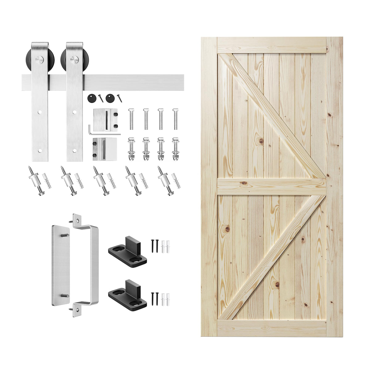 SMARTSTANDARD 36in x 80in Sliding Barn Door with Brushed Nickel Hardware 6.6FT Track Kit & Handle, Assembly is Required, DIY Unfinished Solid Spruce Wood Panelled Slab, K-Frame