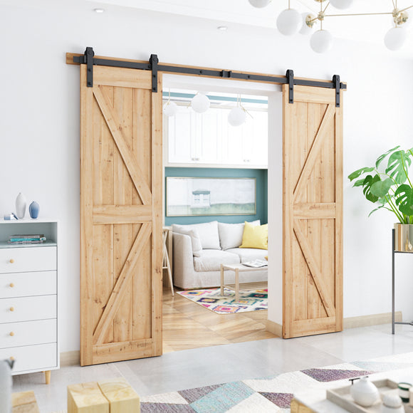 8ft Heavy Duty Double Door Sliding Barn Door Hardware Kit -Smoothly and Quietly -Simple and Easy to Install -Includes Step-by-Step Installation Instruction - Fit 24