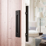 SMARTSTANDARD Heavy Duty 12" Pull and Flush Barn Door Handle Set, Large Rustic Two-Side Design, for Gates Garages Sheds Furniture, Black Powder Coated Finish, Round