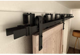 SMARTSTANDARD 8ft Bypass Sliding Barn Door Hardware Kit - Upgraded One-Piece Flat Track for Double Wooden Doors - Smoothly &Quietly - Easy to Install - Fit 48" Wide Door Panel (J Shape Hanger)