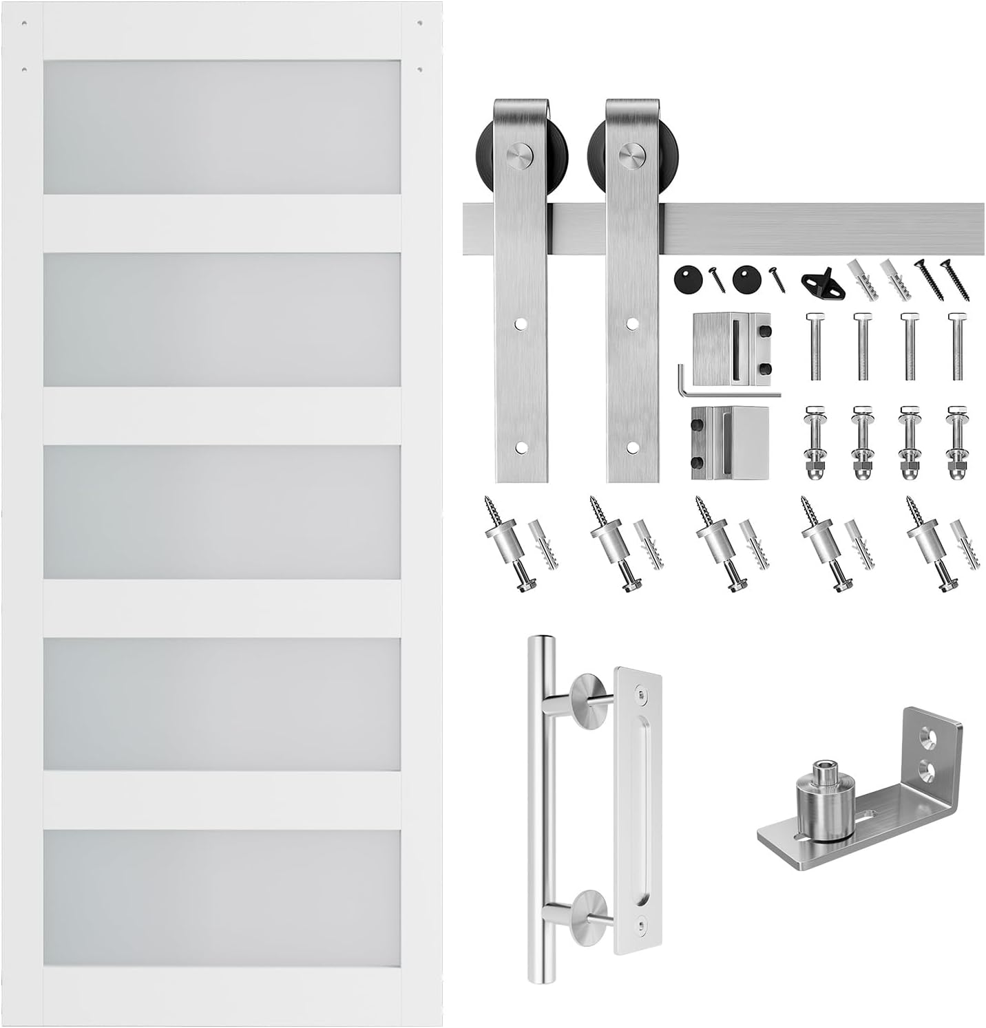 Glass Barn Door with Hardware Kit, 5-Panel Glass Door, Brushed Nickle Hardware