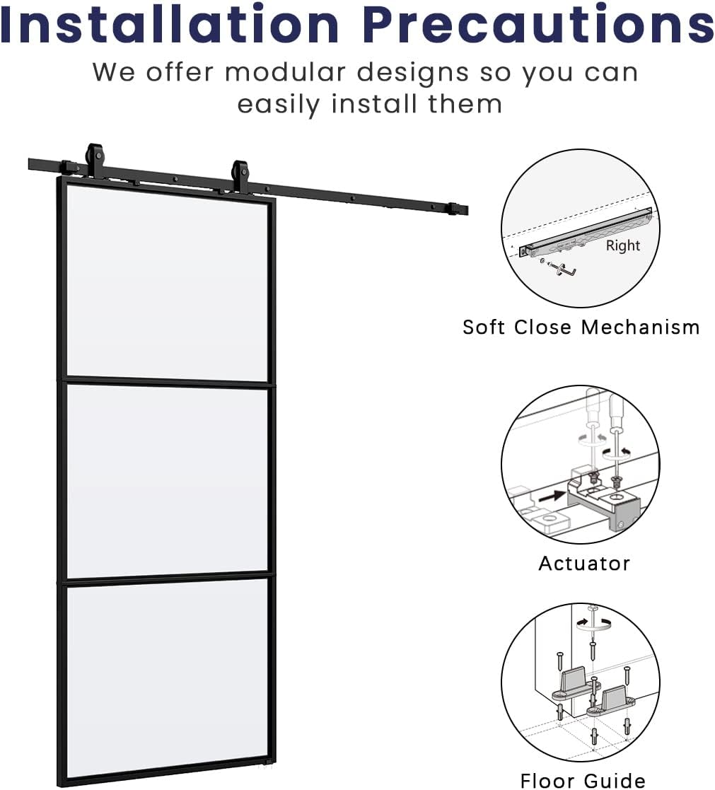 Glass Sliding Barn Door with Hardware Kit & Soft Close Mechanism