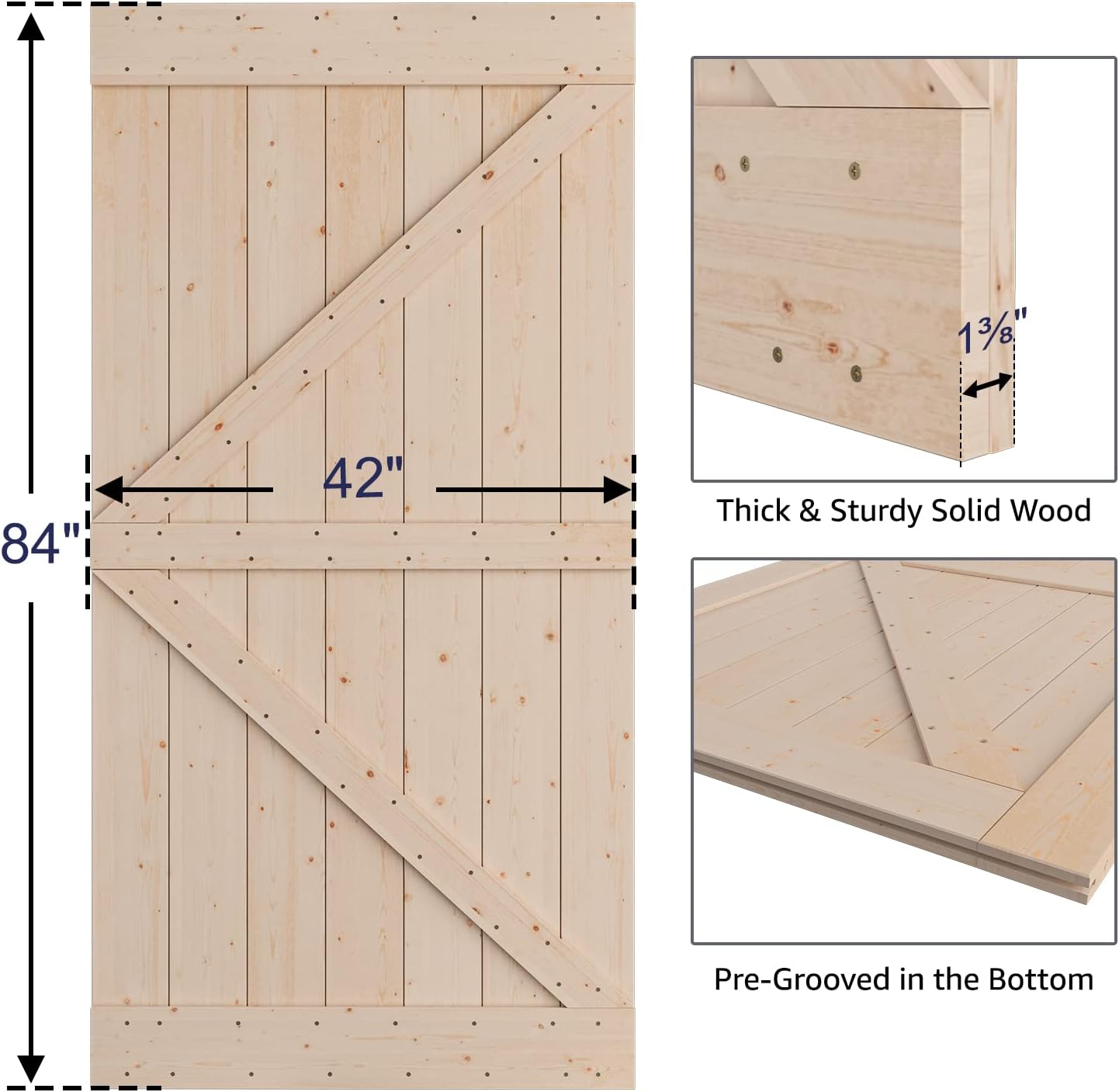 Unfinished Wood Barn Door without Installation Hardware Kit Frameless
