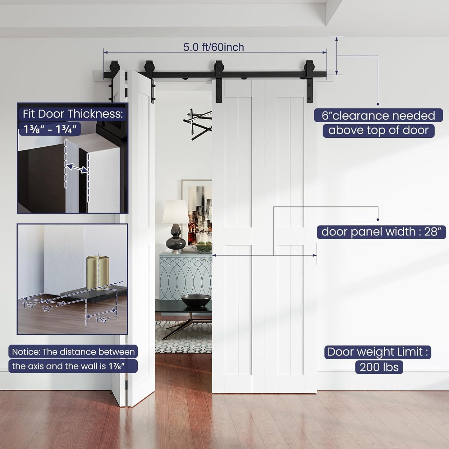 Bi-Folding Sliding Barn Door Hardware Kit, J Shape Hanger