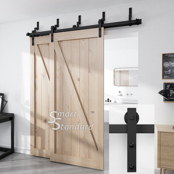 SMARTSTANDARD 8ft Bypass Sliding Barn Door Hardware Kit - Upgraded One-Piece Flat Track for Double Wooden Doors - Smoothly &Quietly - Easy to Install - Fit 48