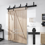 SMARTSTANDARD 8ft Bypass Sliding Barn Door Hardware Kit - Upgraded One-Piece Flat Track for Double Wooden Doors - Smoothly &Quietly - Easy to Install - Fit 48" Wide Door Panel (J Shape Hanger)