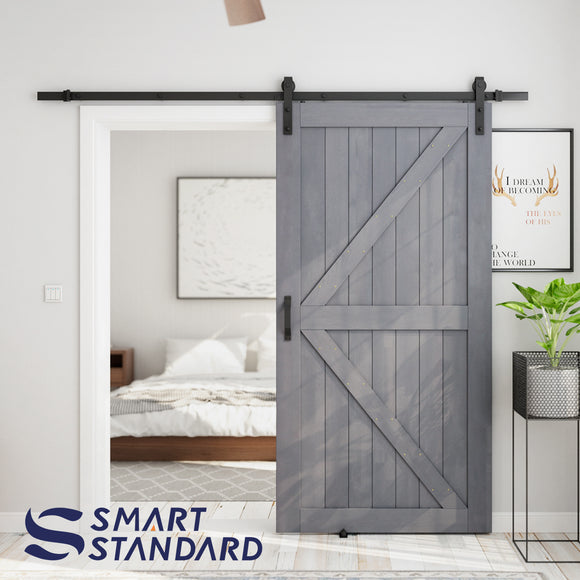 SMARTSTANDARD 42in x 84in Sliding Barn Door with 7ft Barn Door Hardware Kit & Handle, Pre-Drilled Ready to Assemble, DIY Unfinished Solid Spruce Wood Panelled Slab, K-Frame, Grey