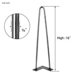 SmartStandard 16" Industrial Rustic Hairpin Legs, 2rods Metal Coffee Table Leg Set of 4, Raw Steel and Heavy Duty for DIY Furniture, Desk, Stand, Bench